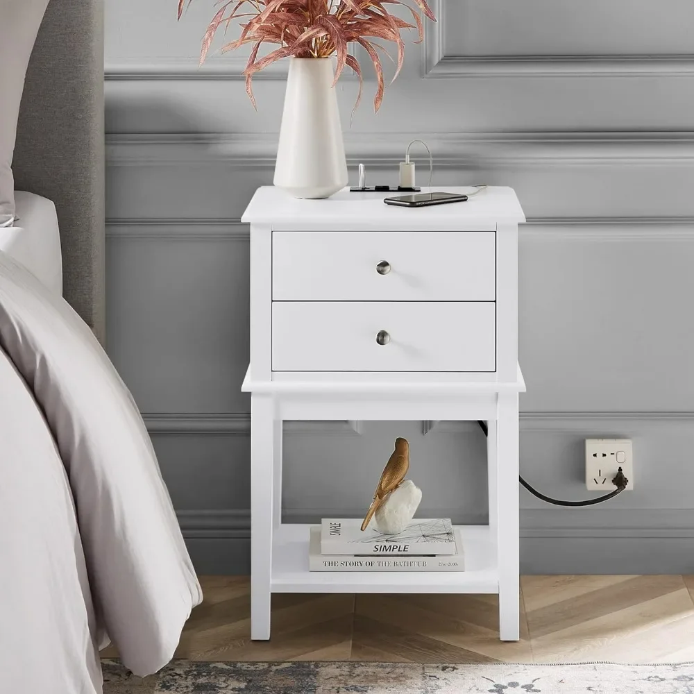 Tall Bed Side Table With 2 Drawers for Living Room Home Office White Nightstand With Charging Station and USB Ports End Tables