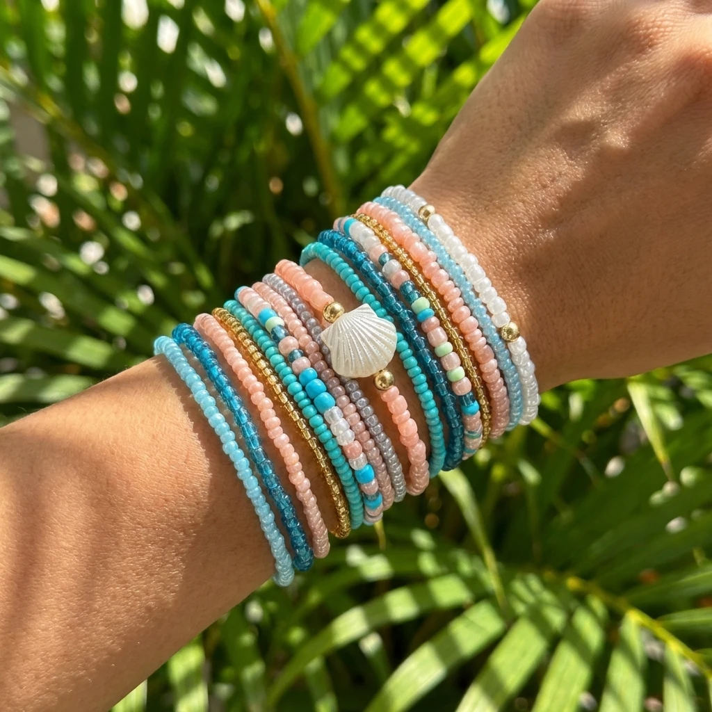 17Pcs Boho Shell-Inspired Beaded Bracelet Set for Women Pastel Color Layered Wrist Jewelry Summer Beach Vacation Accessories