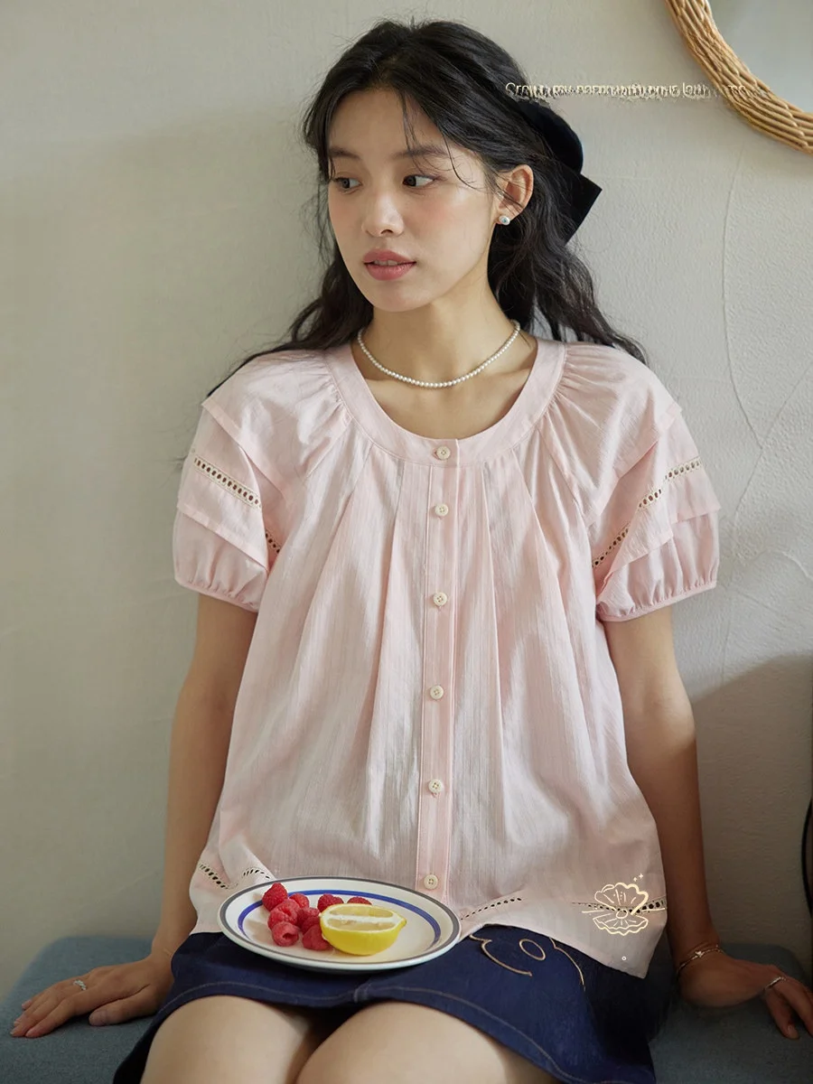 

Nov Et Textured Cotton ort Sve irt with oulder Insert round Ne Pink Women's Casual Faion Commute Sle Loose Fit