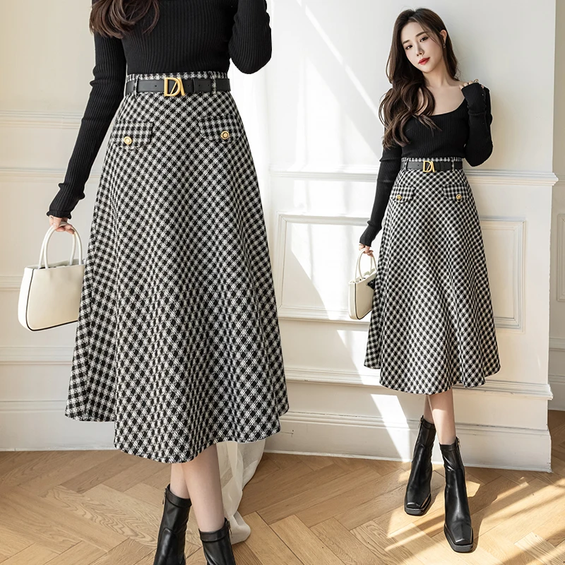 Ladies Elegant Fashion Large Hem Woolen Cloth Long Plaid Skirt  Women Clothes Girls Skirts Chic Casual Faldas Largas BPAN5035-1