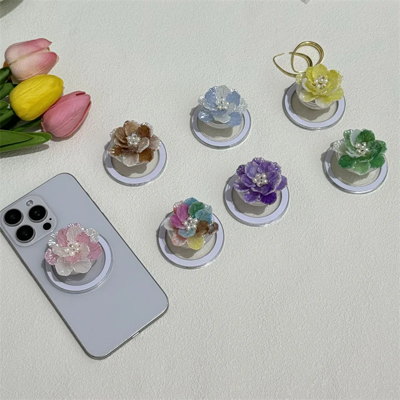 Luxury Pearl Flower Mobile Phone For Magsafe Magnetic Stand Holder Grip Tok Support Plastic Flora Smartphones Desktop Bracket