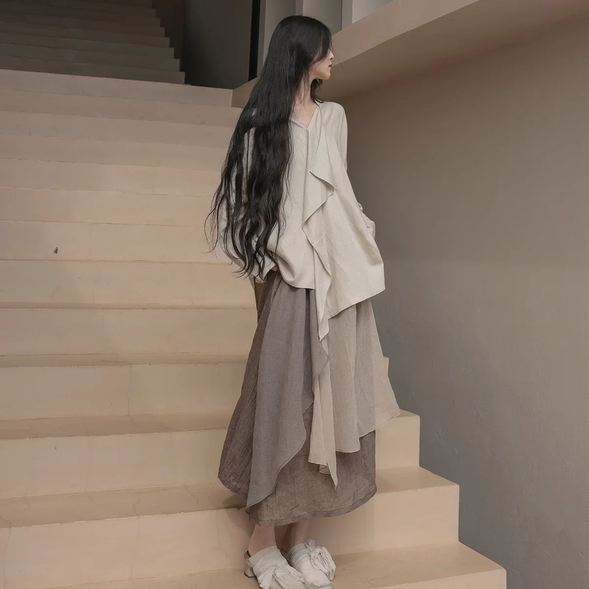 UMI MAO Chinese Clothing Fashion Spring Autumn Romantic Wave Yuppy Irregular Patchwork Plain Skirt Woman Femme Y2k