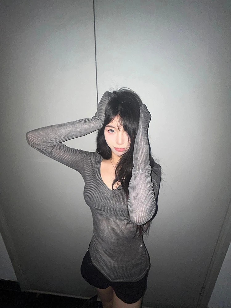 Seeslim Bandage V-neck Women's T-shirt Long Sleeve Korean Fashion Slim See Through 2000s Clothes Y2k Tees Female Clothing Chic