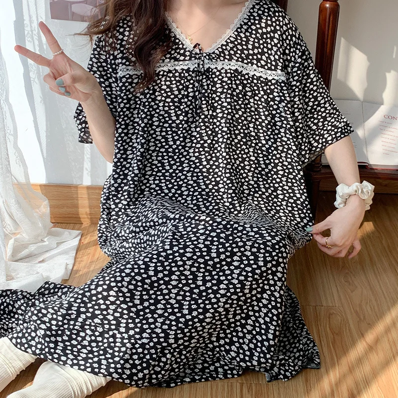 Colorful Printed Nightgown V-neck Lace Bow Tie Pajamas Cotton Silk Sleepwear Short Sleeve Dress Home Casual Clothes for Women