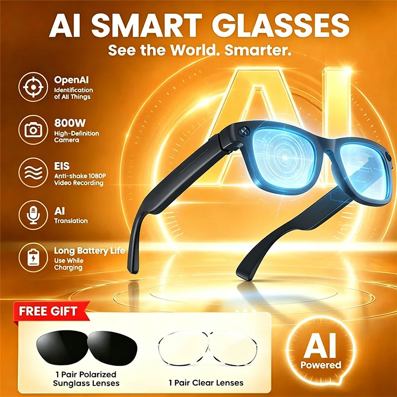 New AI Smart Glasses 8MP Camera 1080P Video Recording Photo Shooting BT Call Music Player Sunglasses