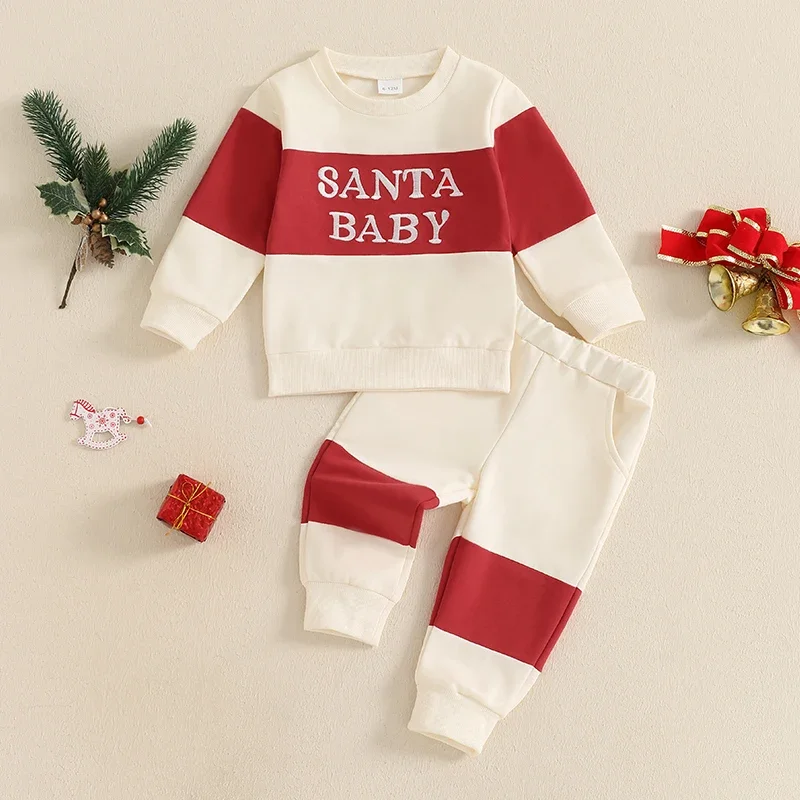 

1-4Years Kids Baby Boy Girl Christmas Outfits Letter Embroidery Contrast Color Long Sleeve Sweatshirt+Elastic Pants 2 Piece Set