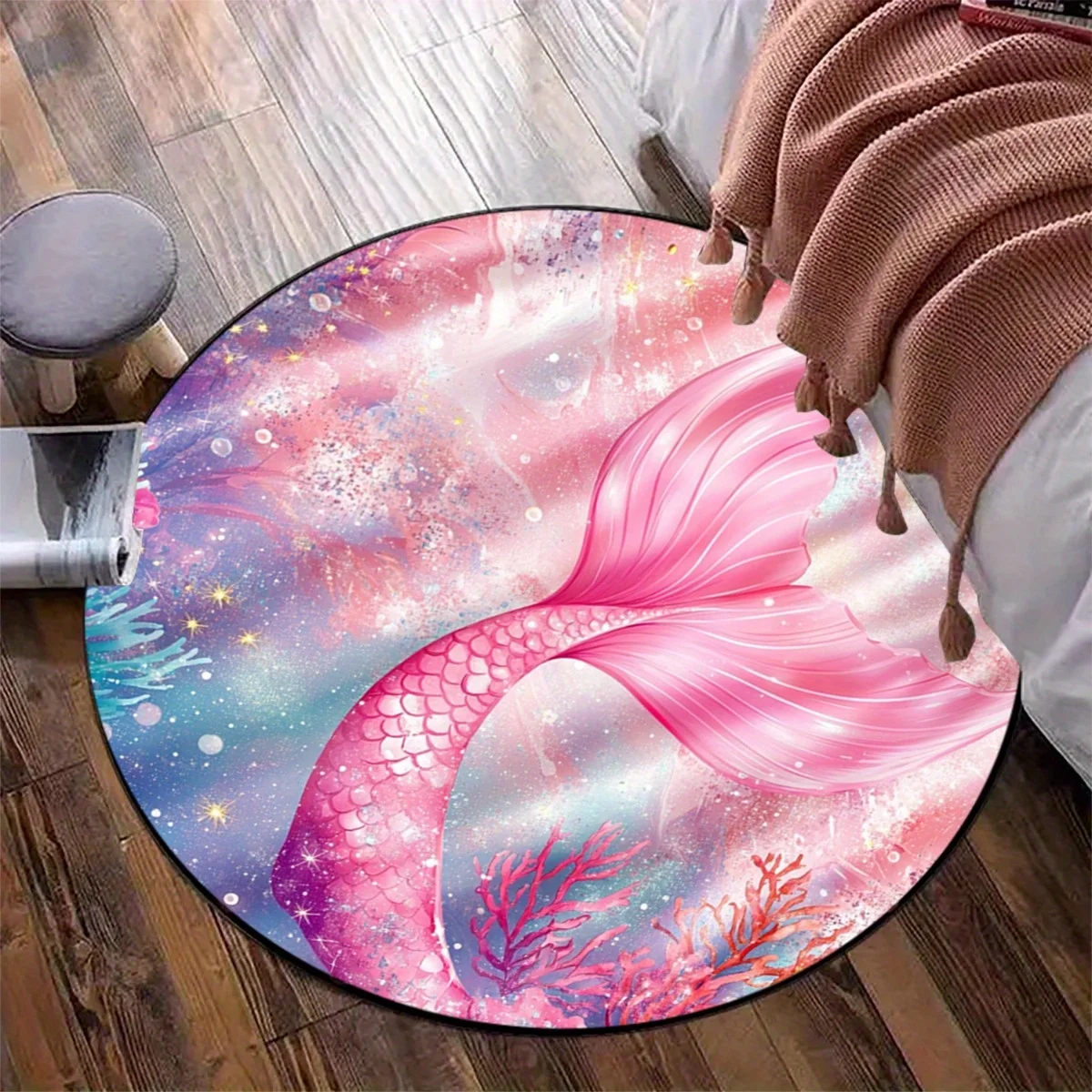 Mermaid Tail Galaxy Round Rug Flannel Underwater Fantasy Floor Mat for Kids Room Princess Theme Decor Area Carpet