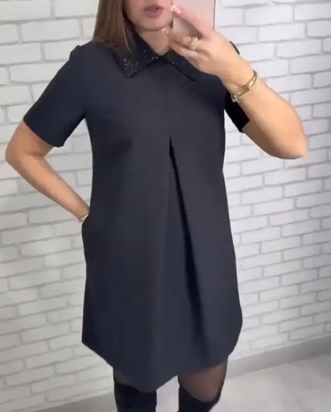 

Women Dresses 2026 Spring Summer New Solid Color Turn-Down Collar Short Sleeve Pocket Design Elegant Temperament Mini Dress