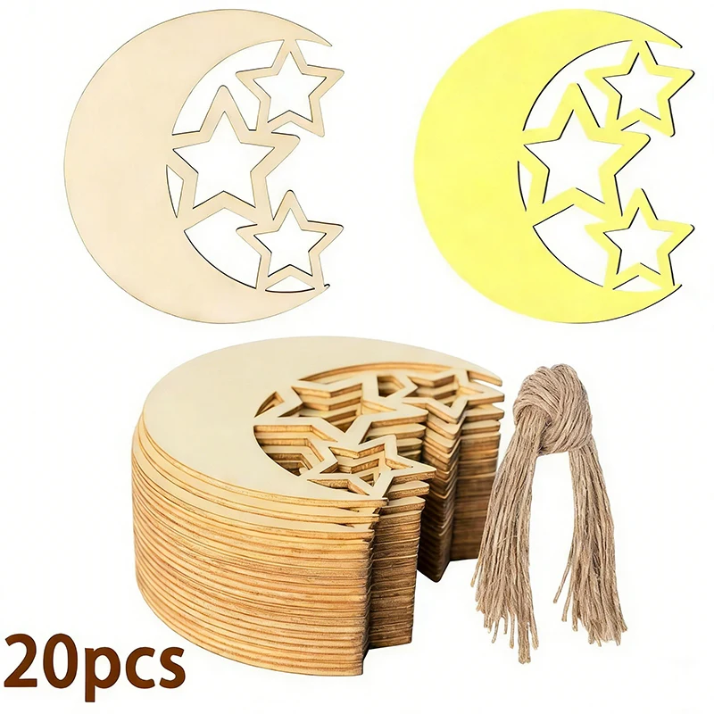 10/20 Stück Hohle Mond- und Stern-Holzornamente Ramadan-Party Kinder DIY Malerei Bastelset Eid Mubarak Heimdekoration Geschenkverpackung Etikett