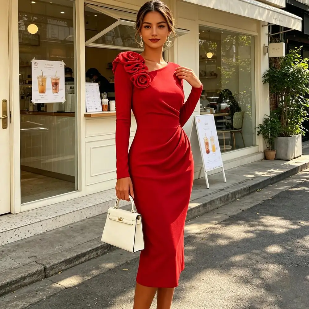 Damen Off-Shoulder Bodycon-Kleid mit 3D-Blumenmuster, Elegantes Figurbetontes Abendkleid für Partys & Cocktail-Events, Mittellange Kleider