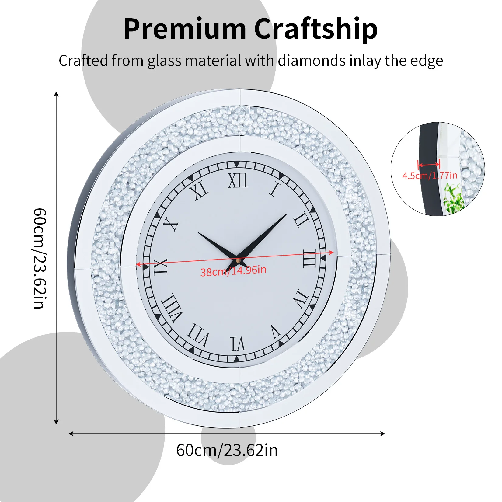 NONE 60/80CM Bling Silber Runde Spiegeluhr Glam Sparkle Twinkle Shining verspiegelte Wanduhr für Heimdekoration 3