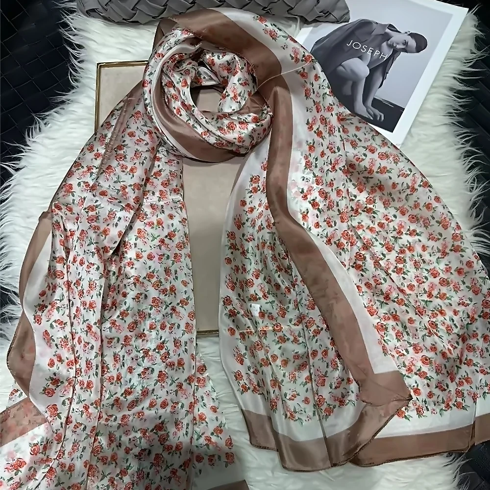 

Fall Winter Women Scarves Bufandas Fashion Khaki Pink Roses Design Long Silk Neck Head Scarf Hijab Summer Beach Shawls Foulard