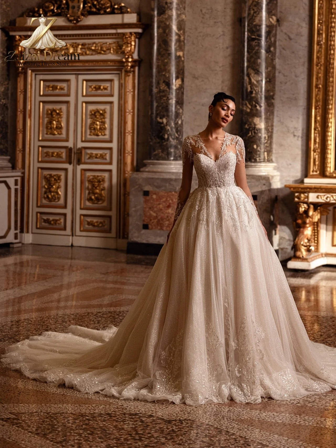 Customized Luxury V Neck Sparkling Beaded Lace Wedding Dress A Line Ball Gown Bridal Gown With Long Train Vestido De Novia