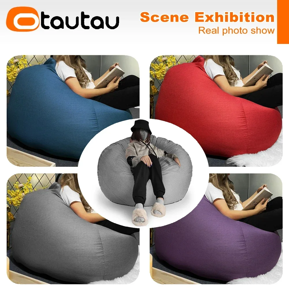 OTAUTAU Filled 70cm Bean Bag Sofa with Filler Big Cotton Linen Lazy BeanBag Bedroom Chair Puff Relax Lounge Couch DD002