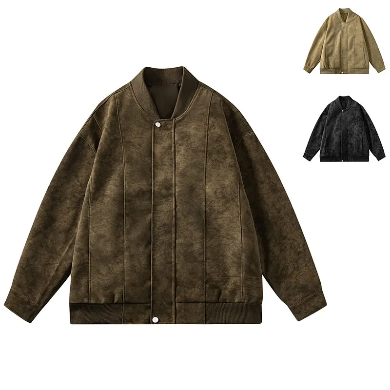 American distressed faux-leather baseball jacket for men - V-neck with subtle texture, relaxed and casual retro workwear style