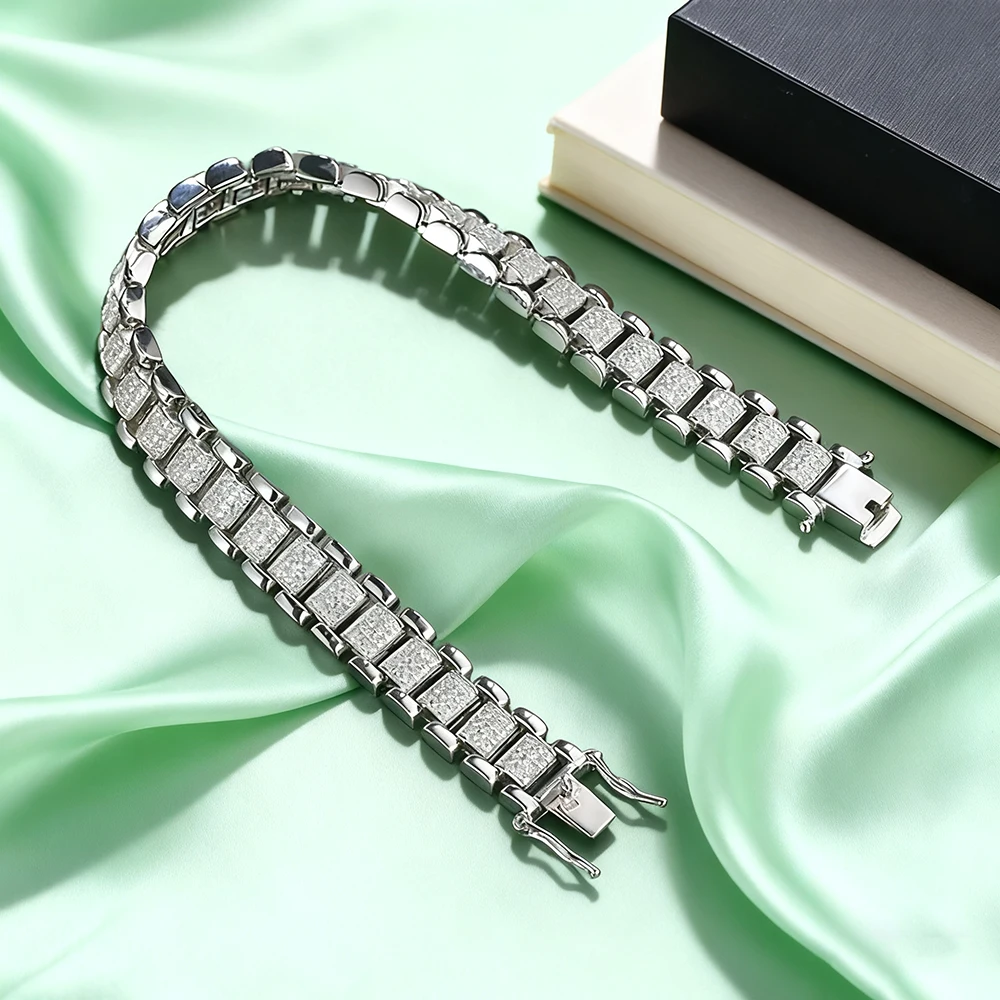TEMGF Full Moissanite Bracelet 8mm Width S925 Sterling Silver Unique Watch Chain for Men Women Cool Trendy Fine Jewelry