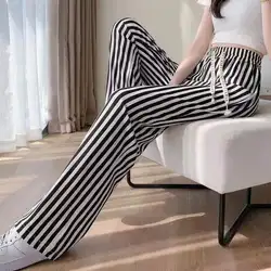 2023 New Spring and Summer Fashion High Waist Lace Up Vertical Stripe Ice Silk Drop Straight Tube Casual Loose Wide Leg Pants