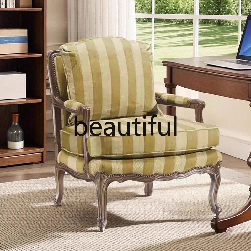 X  Solid wood fabric single sofa chair, retro and old living room casual armchair