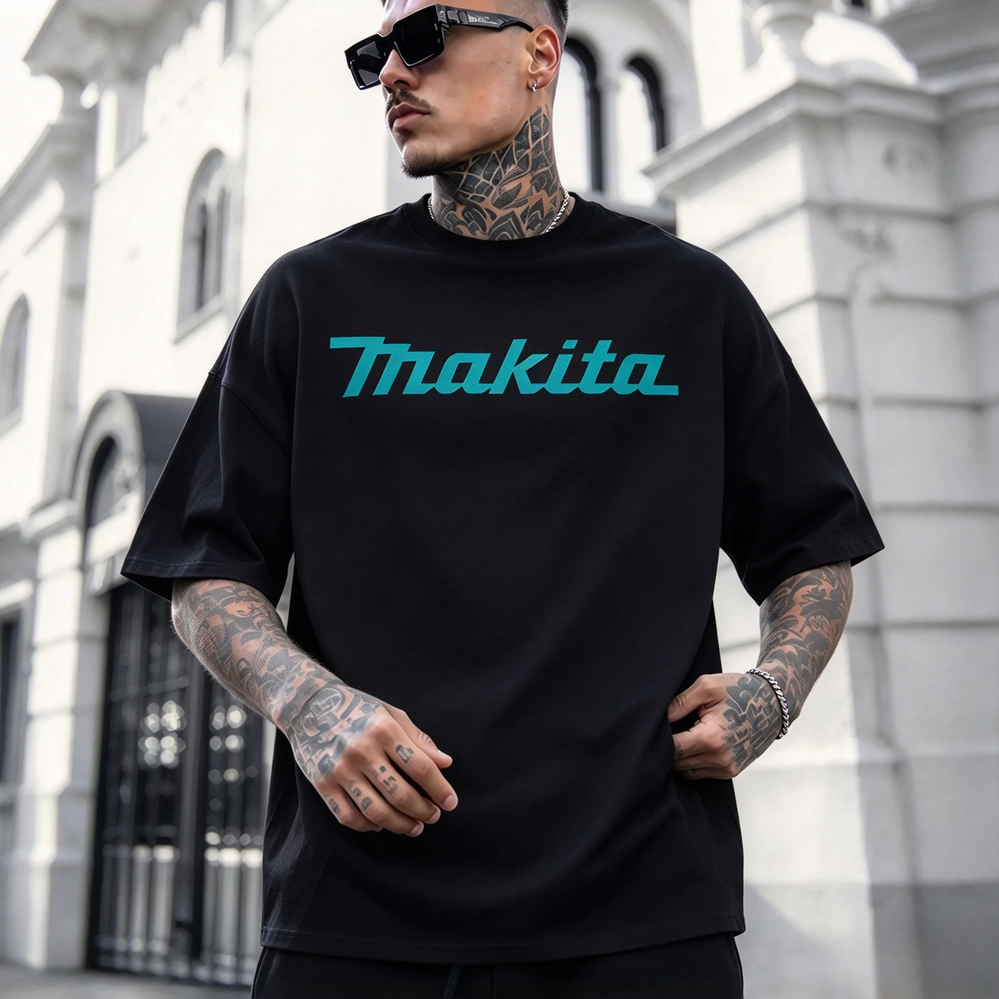 2026 Retro Cyan Slanted Letter Logo T-Shirt Unisex Men Women Vintage Work Tool Simple Text Graphic Cotton Short Sleeve Top Tee