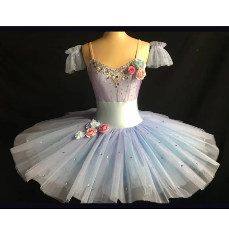 

Professional Flower Pancake Tutu Semi Bell Shape,Custom Made Light Blue Violet Ballet Tutu Dress