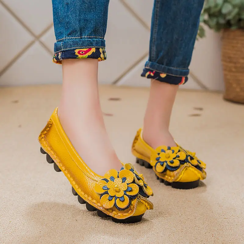 High Quality Retro Floral Ballet Flats Women\'s Shoes New Trend Loafers Ladies Genuine Leather Shoes Woman Sliders Soft Moccasin