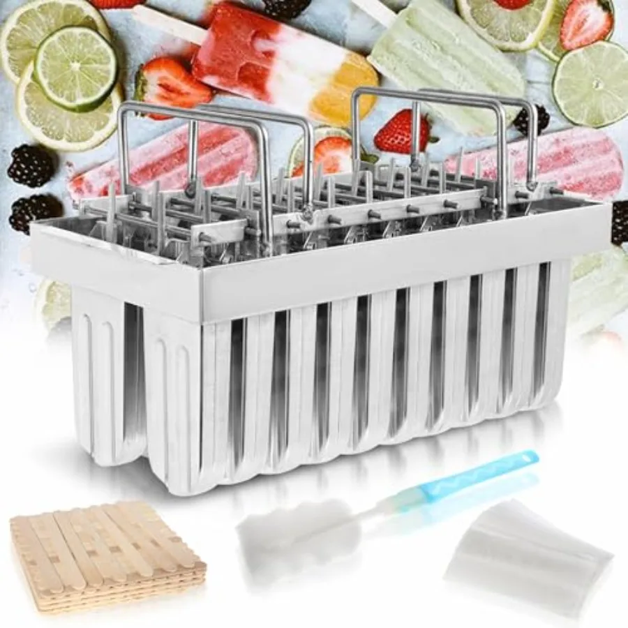 Moldes Comerciales de Acero Inoxidable para Helados, 20 Unidades, con Tapa, Capacidad Individual de 85g, Fabricante de Helados Metálicos, Color: Plateado