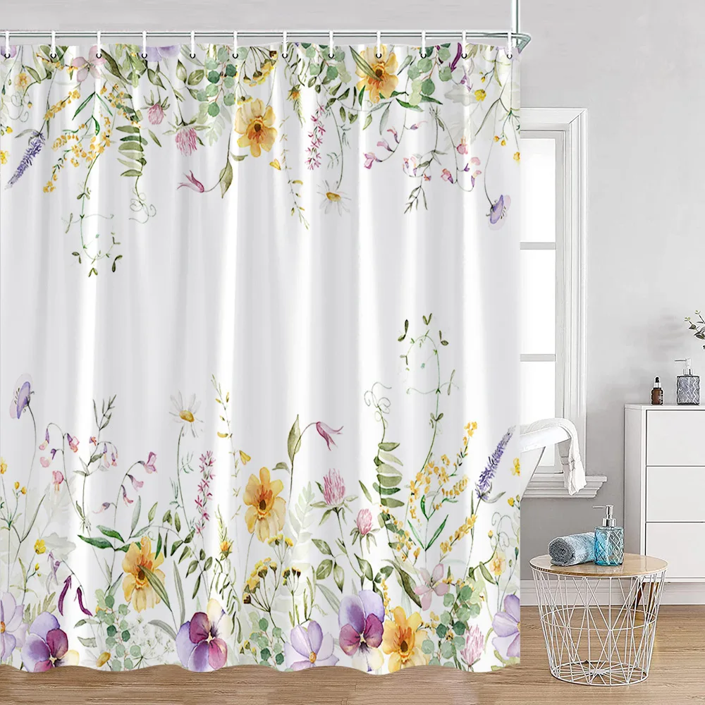 Floral Shower Curtains Watercolour Flower Botanical Purple Lavender Modern Minimalist Bathroom Decor Bath Curtain Set with Hooks