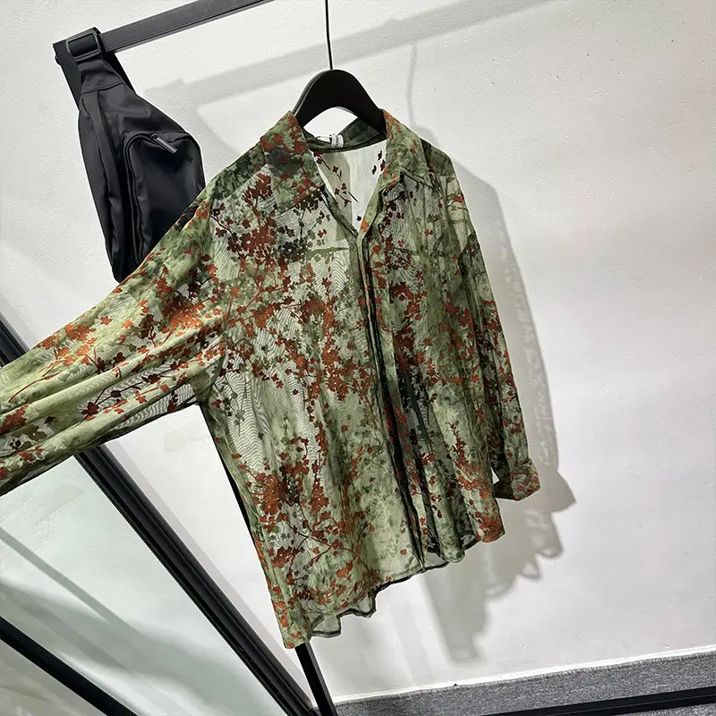 Summer Design Hollow Print Idle Style Loose Long Sleeve Shirt Retro Temperament Wild Sheer Top Men and Women