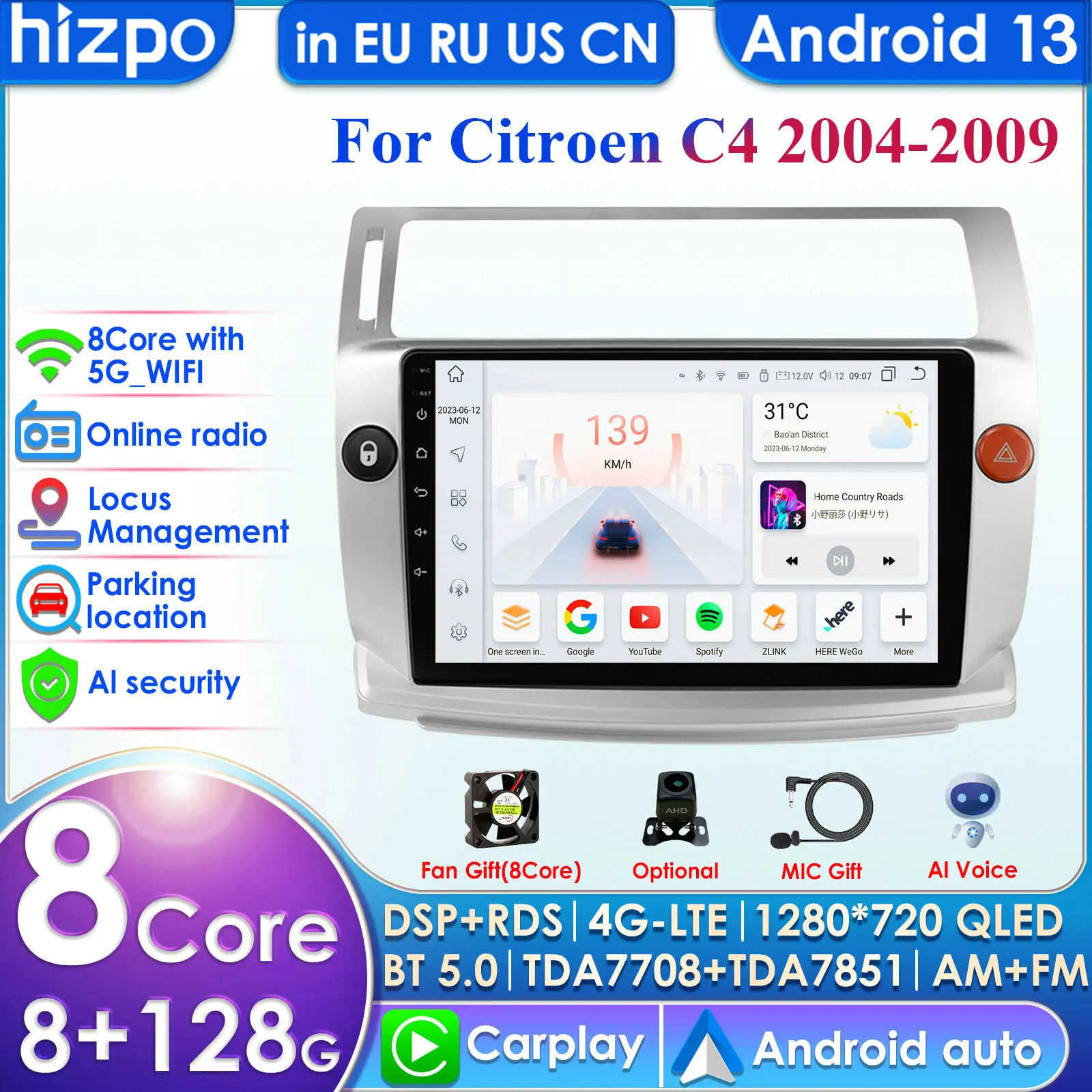 Hizpo 4G 9'' AI Intelligent Systems CarPlay Android Auto Radio for Citroen C4 C-Triomphe C-Quatre 2004-2009 Car Multimedia GPS