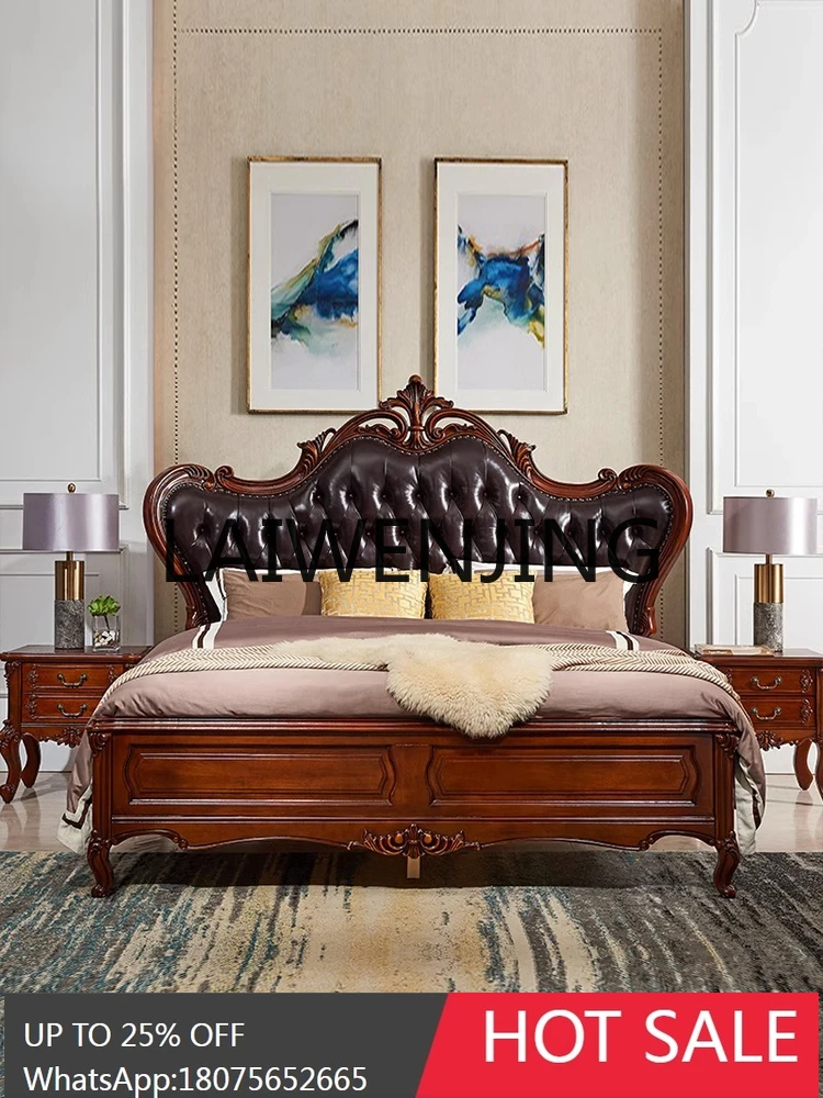 RWJ American Country European Master Bedroom First Layer Leather Bed Luxury Carved