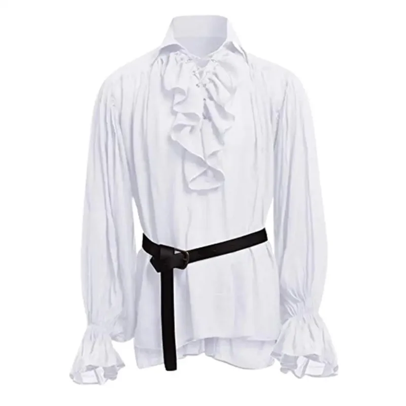 Medieval Vikings Shirts Ruffled Gothic Steampunk Victorian Pirate Cosplay Costume Mens Tops Pants Lacing Up Shirt Larp Vintage