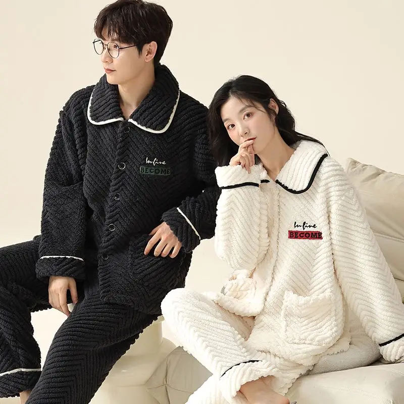 Lovebird Pajama Sets Women's autumn and Winter Coral Velvet Thickened Warm Lapel Flannel Men's Homewear Set Couple Sleepwear