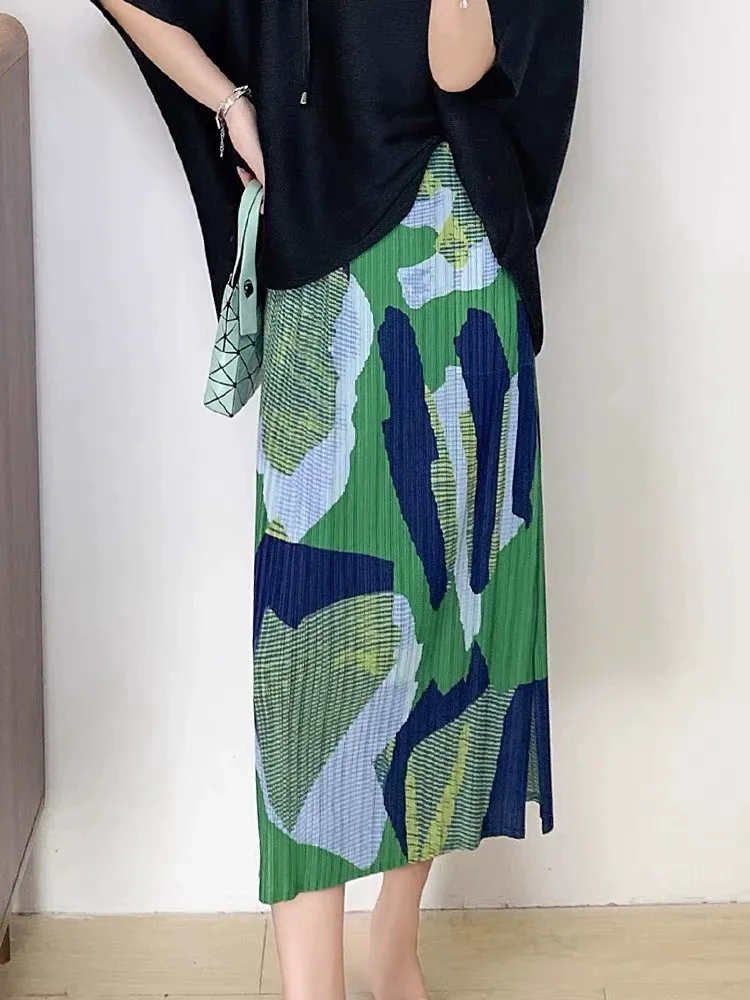 Sommer 2025, lockerer, bedruckter Faltenrock für Damen, Midi, H-Linie, gerader Schnitt, Pendler-Ele Sle-Design mit mittlerer Taille