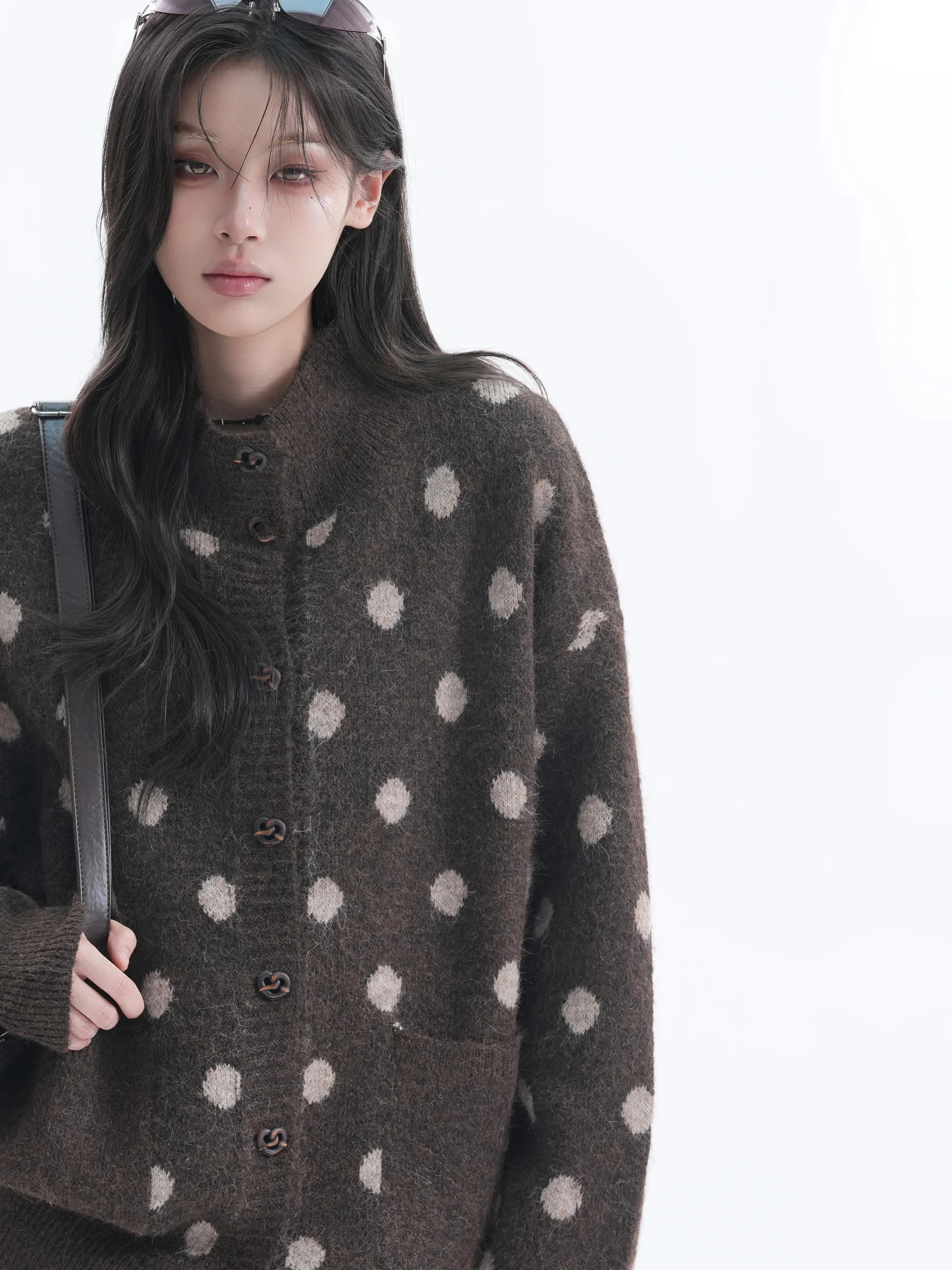 Lazy Style Women's Knitted Cardigan Autumn Season Polka Dot Stand Collar Sweater Outerwear Comfortable Fit Long Sleeve Warmth