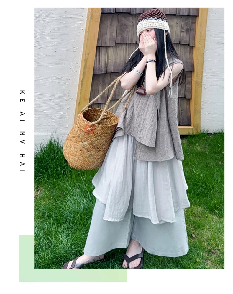 Kinderkleidung Mädchen Sommer Mori-Stil Braun Unregelmäßiges Ärmelloses Oberteil und Weite Hose 2026 Locker Bequem – Detail 2