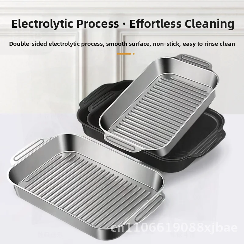 

Stainless Steel Square Grilled Fish Plate Korean Style Barbecue Tray Rustproof Modern Minimalist Oven Safe Seafood Plate