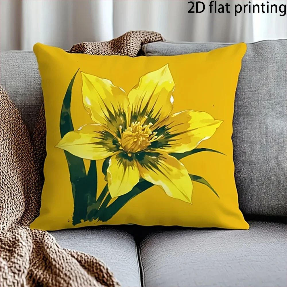Daffodil Pillow Cover Polyester Printed Yellow Flower Cushion Case Sofa Home Decor 45x45cm Bedroom Living Room Throw Pillowcase