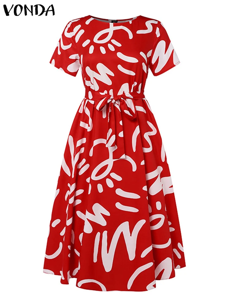 Plus Size 5XL VONDA Women Summer Maxi Long Dress 2024 Fashion Belted Party Dress Vintage Printed Sundress Casual Vestidos Robe