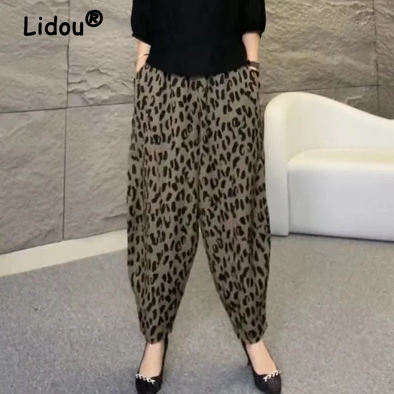 

Women Vintage Leopard Print Casual Streetwear Y2K Baggy Harem Pants 2024 Summer High Waist Pockets Oversized Trousers Pantalones