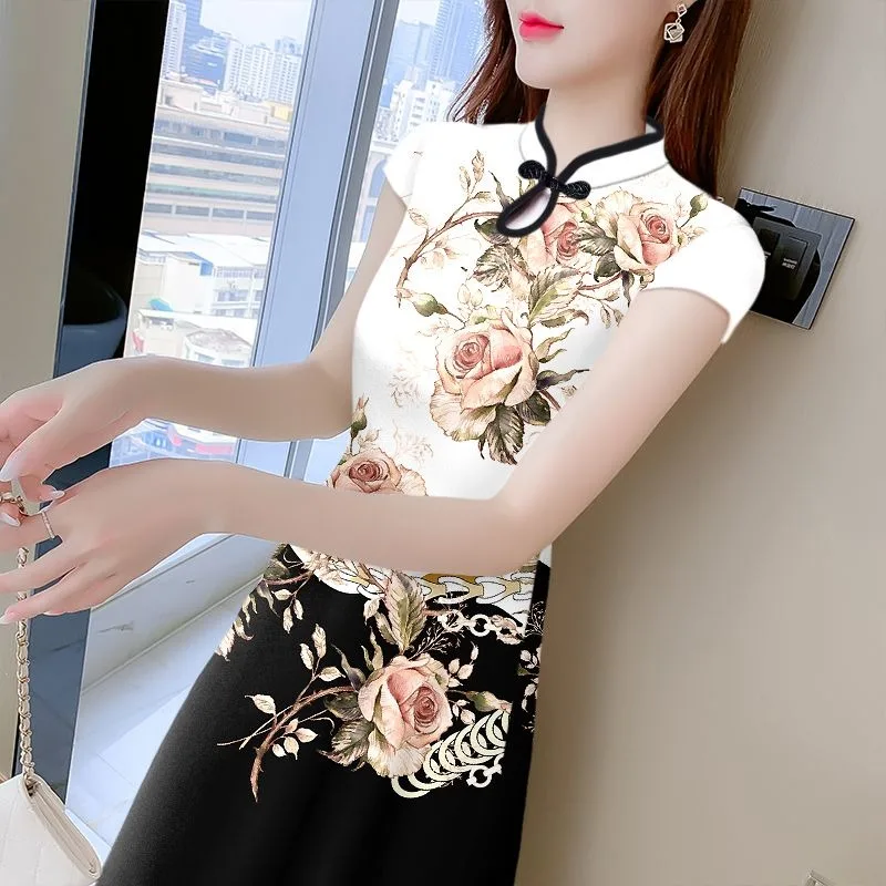 

2024 Mid Length Improved Cheongsam Dress New Summer Print Lining Covering Belly Noble and Stylish Mid Length Skirt