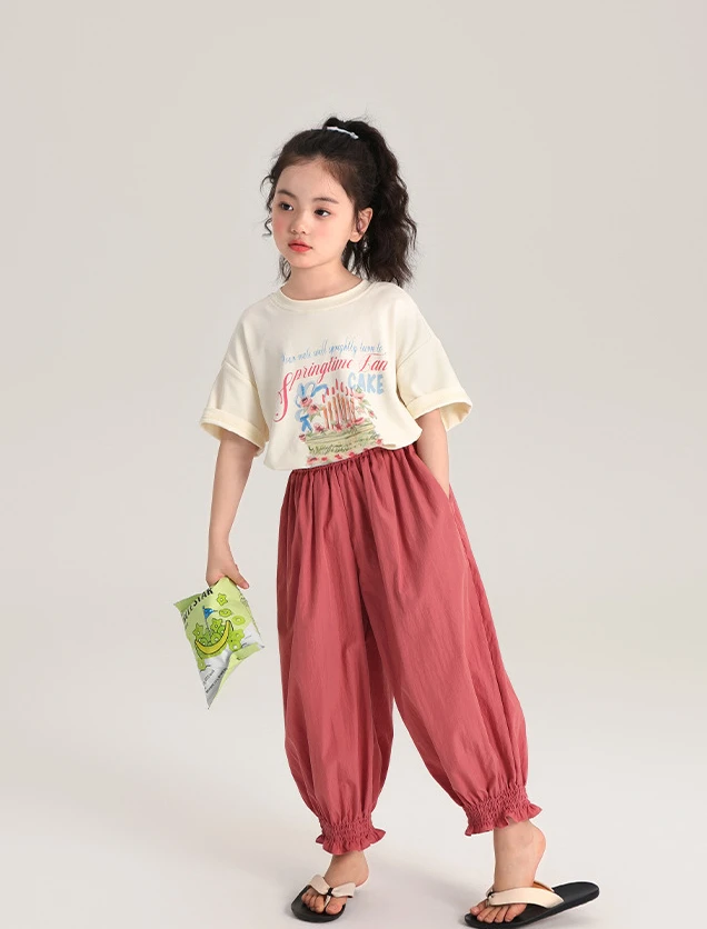 Calça monocromática de tecido infantil, casual, verão, nova, estilo coreano, grande, 2022