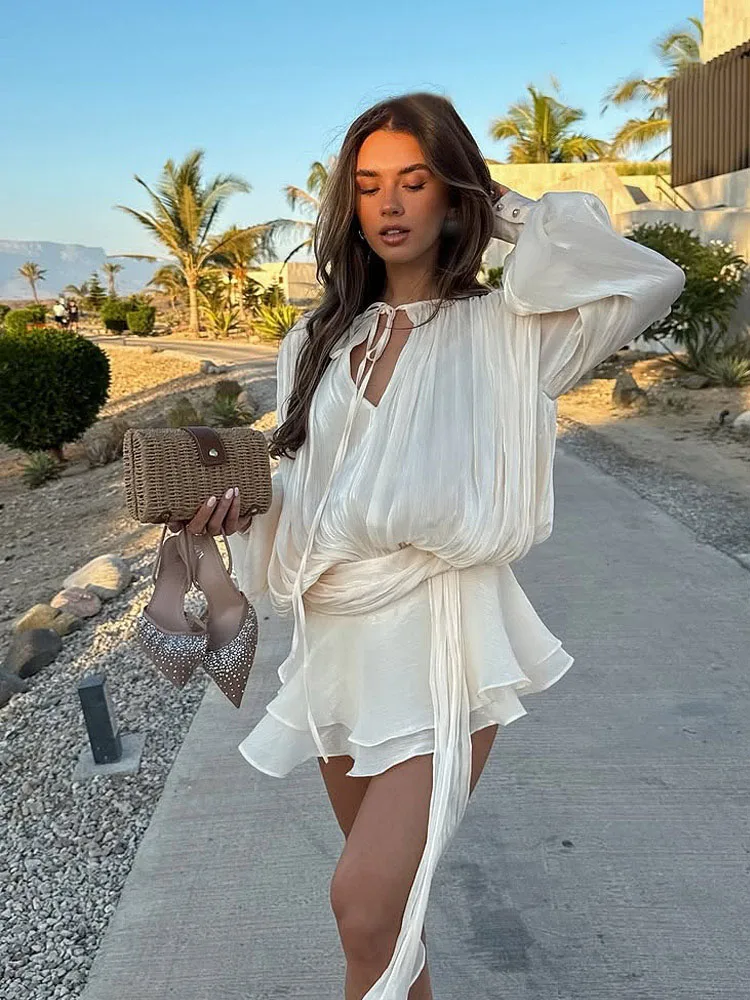 HH-Conjunto de 2 piezas de moda para mujer, minivestido plisado liso con mangas abullonadas y cuello redondo + pantalones cortos elegantes con cremallera trasera, traje en 4 colores