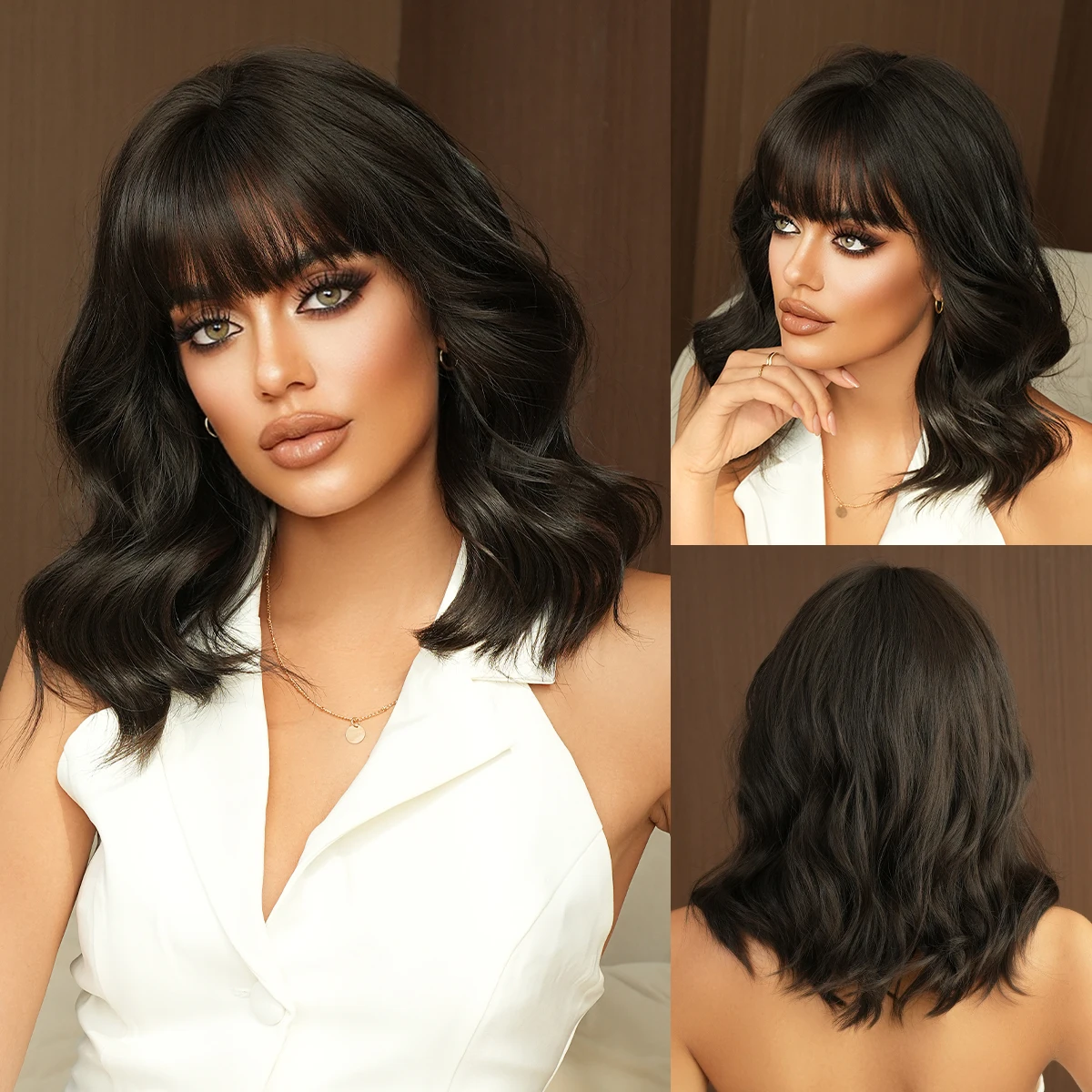 NAMM Synthetic Highlight Black Medium Length Wigs for Women Mixed Beige Curly Wave Wigs with Bangs Dark Roots Fluffy Natural Wig