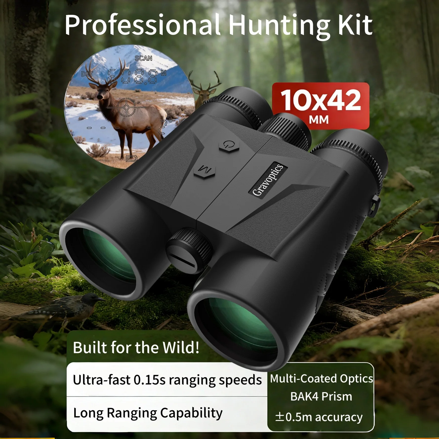 Binoculares con Telémetro Láser de Largo Alcance Gravoptics 2400M para Caza, 10x42 HD IP65, Resistentes al Agua, para Cazadores/Senderismo