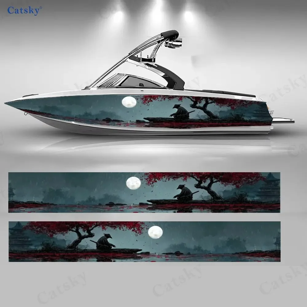 2Pcs Serene Samurai Boat Wrap, Red Maple & Full Moon Graphic Vinyl Decal, Traditional Japanese-Themed Boat Exterior Sticker