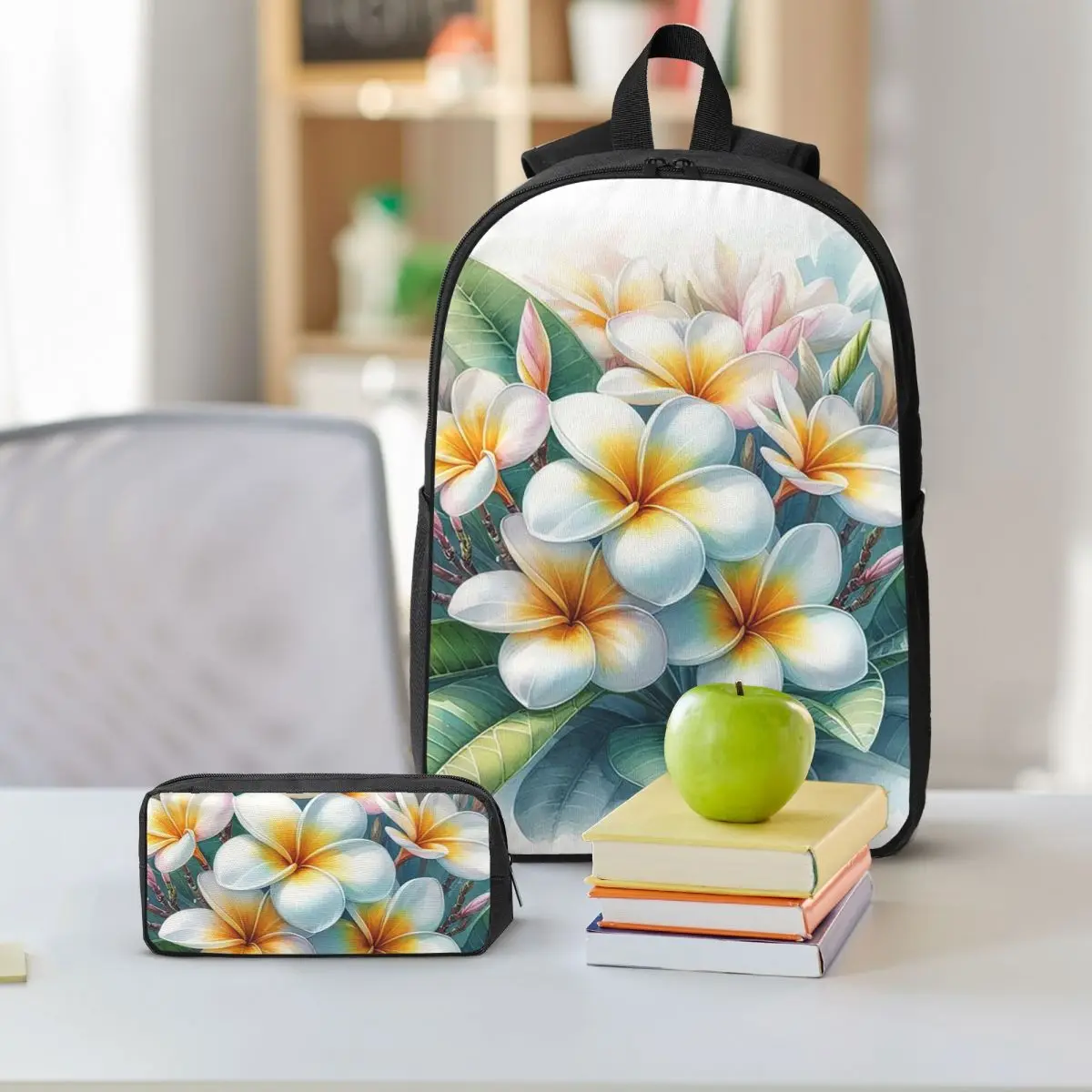 Plumeria Flowers With Leaves Backpack Boys Girls BookBag School Bag Shoulder Bags 3ps Insulated Lunch Bag Pencil Case
