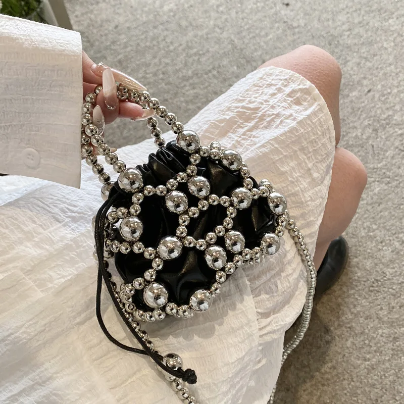 2024 Summer Small Shoulder Bags For Women Fine Fashion Hollow Pearl Beaded Weave Mini Handbags Trendy Party Prom Clutches Purses