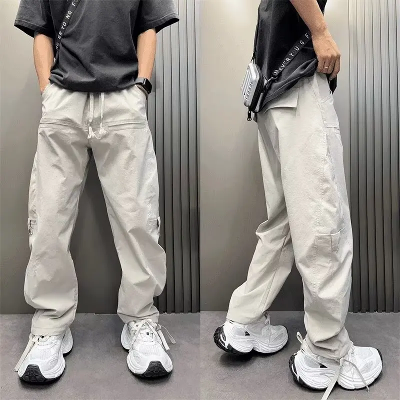 Jogger de trabajo de estilo americano para hombre, pantalones de hip hop personalizados, sueltos, rectos, de moda, ropa informal doblada de Color sólido, Verano