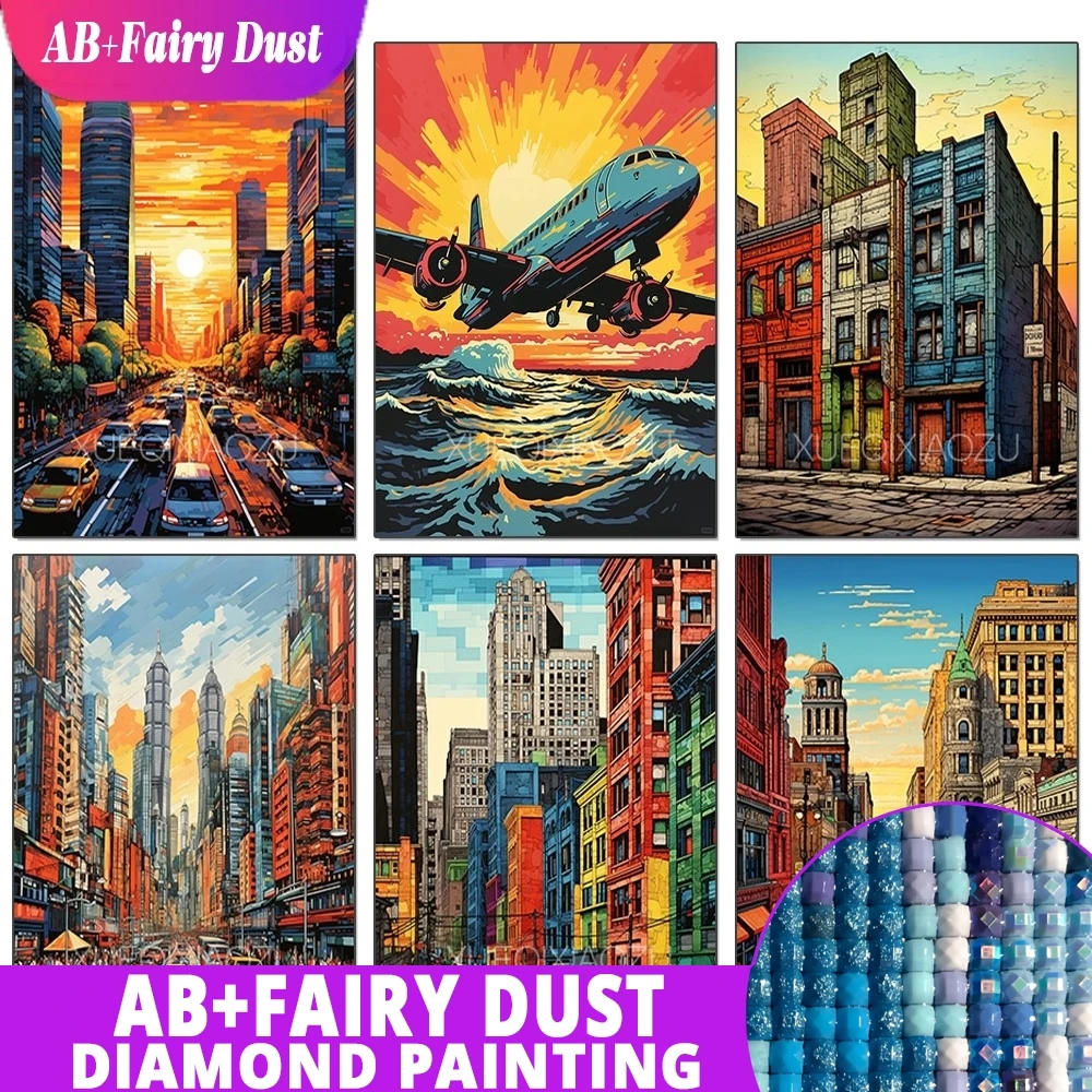 

AB Fairy Dust Алмазная картина City Street View Art Series 2025 Самолет и Архитектура Полный алмазный набор мозаики Домашняя стена De