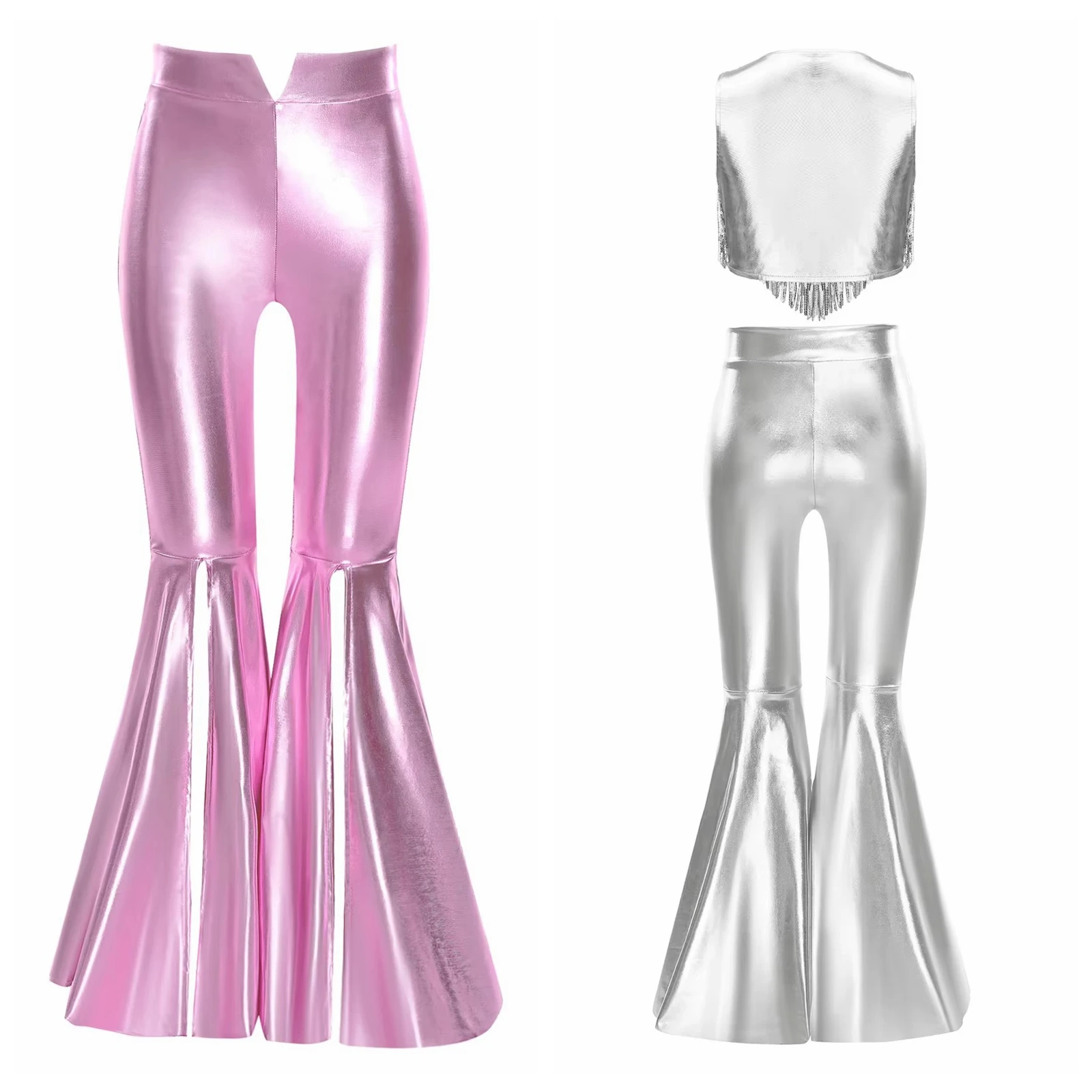 Kids Girls Sparkling Pants Suits Childs 70s 80s Disco Costume Jazz Dance Performance Outfit Sequin Metallic Crop Top Bell-bottom